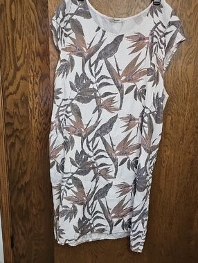 Women’s White Linen-Blend Midi Dress with Brown Leaf Print